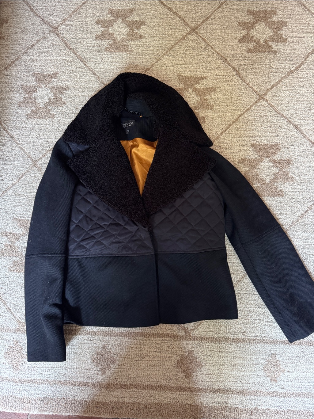 Topshop Black Quilted-Panel Teddy-Collar Jacket With Gold Lining